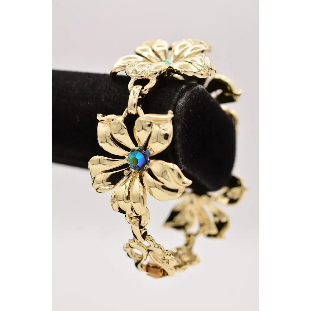 Vintage Crystal Flower Bracelet AB Blue Gold Tone Linked Chunky 1980s BinD